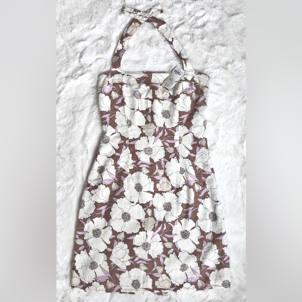 NWT A&F light brown floral print Halter Linen-Blend Mini Dress